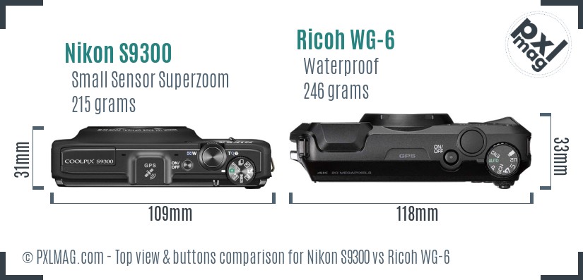 Nikon S9300 vs Ricoh WG-6 top view buttons comparison