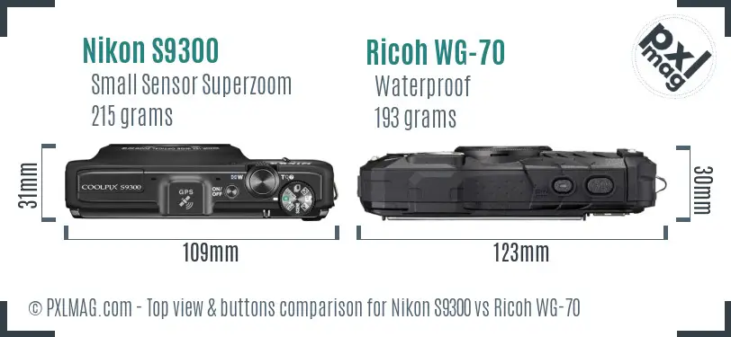 Nikon S9300 vs Ricoh WG-70 top view buttons comparison Nikon S9300 vs Ricoh WG-70 top view buttons comparison