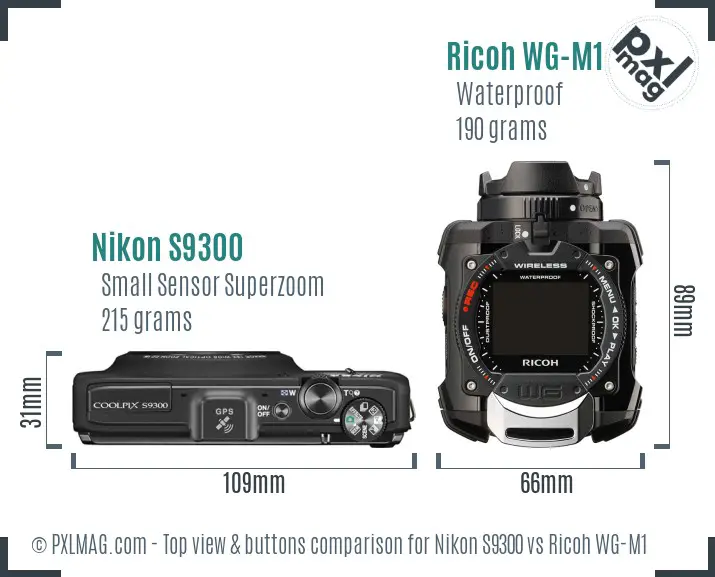 Nikon S9300 vs Ricoh WG-M1 top view buttons comparison