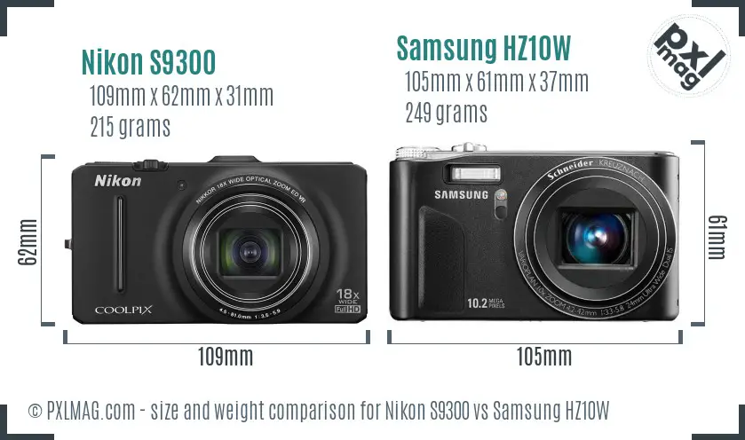 Nikon S9300 vs Samsung HZ10W size comparison