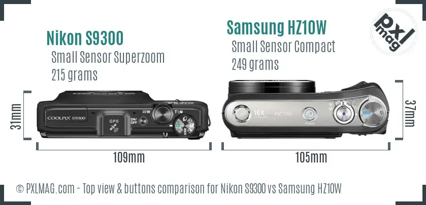 Nikon S9300 vs Samsung HZ10W top view buttons comparison