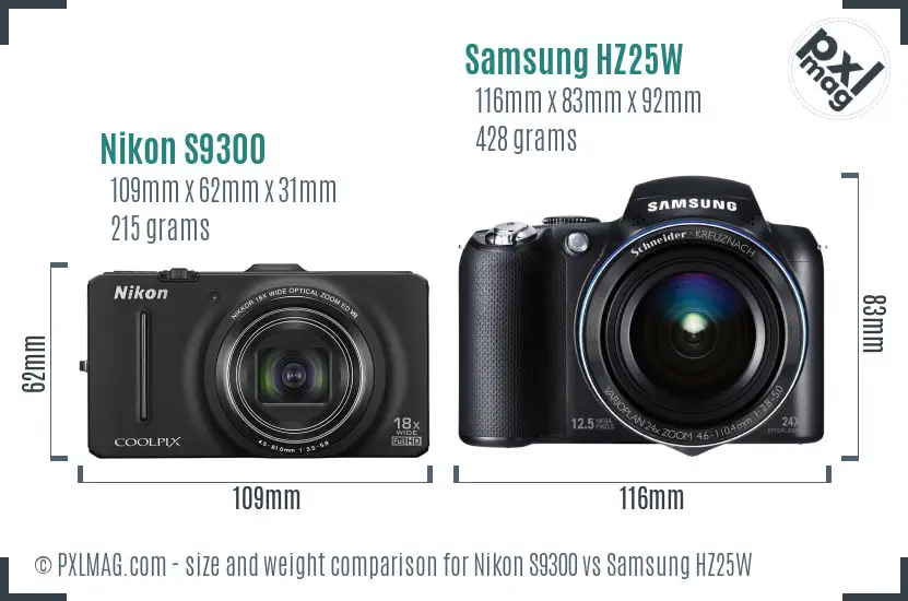 Nikon S9300 vs Samsung HZ25W size comparison