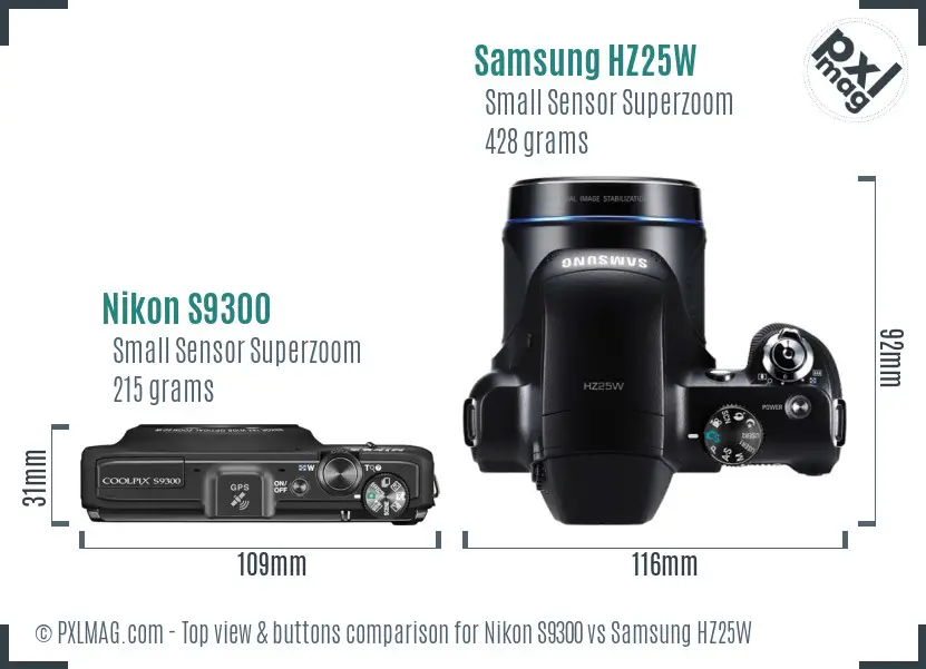 Nikon S9300 vs Samsung HZ25W top view buttons comparison