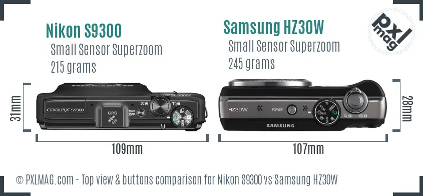 Nikon S9300 vs Samsung HZ30W top view buttons comparison