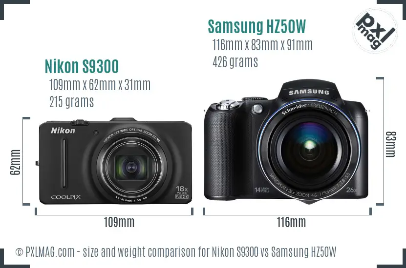 Nikon S9300 vs Samsung HZ50W size comparison