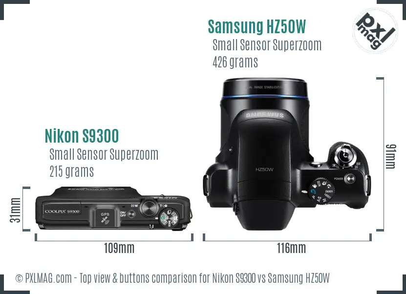 Nikon S9300 vs Samsung HZ50W top view buttons comparison