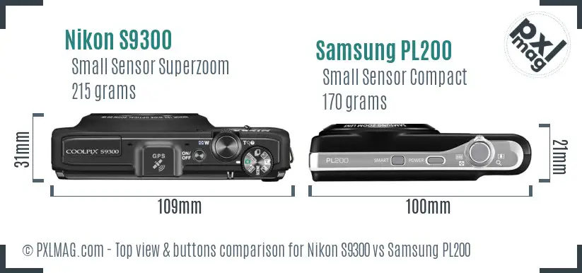 Nikon S9300 vs Samsung PL200 top view buttons comparison