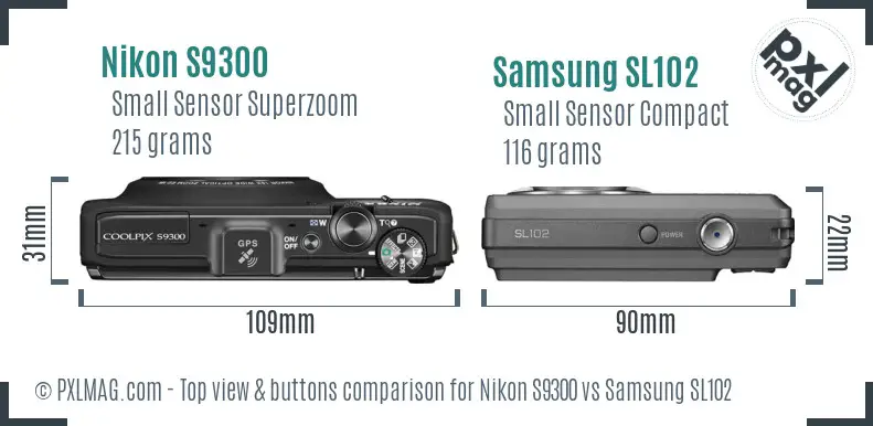 Nikon S9300 vs Samsung SL102 top view buttons comparison Nikon S9300 vs Samsung SL102 top view buttons comparison