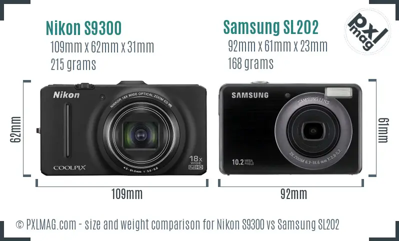 Nikon S9300 vs Samsung SL202 size comparison