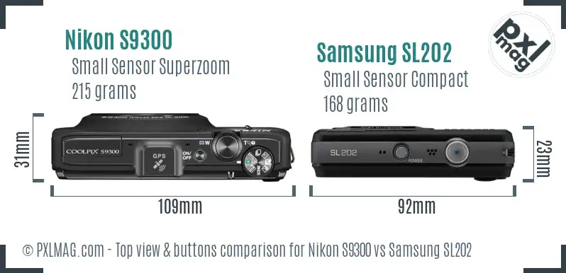 Nikon S9300 vs Samsung SL202 top view buttons comparison