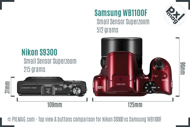 Nikon S9300 vs Samsung WB1100F top view buttons comparison Nikon S9300 vs Samsung WB1100F top view buttons comparison
