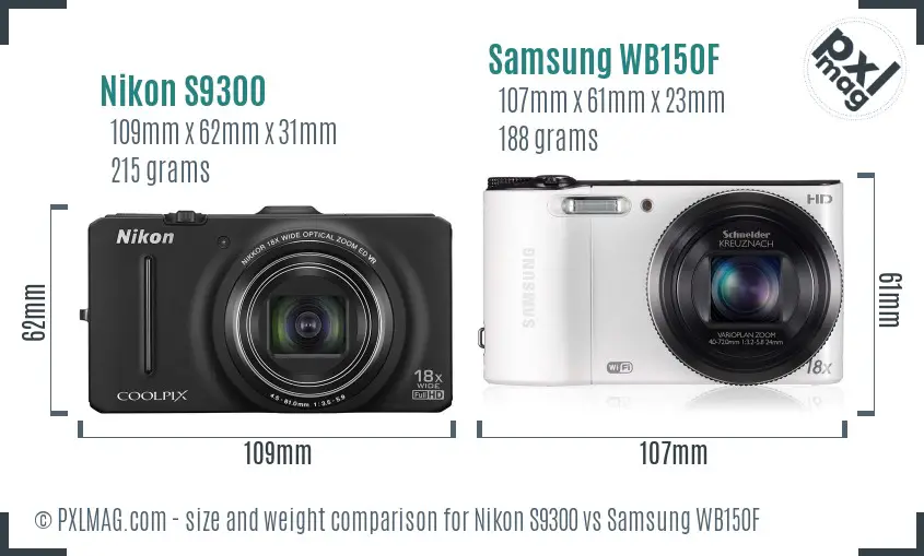 Nikon S9300 vs Samsung WB150F size comparison