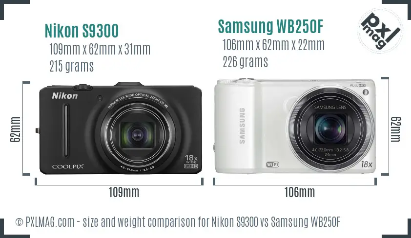 Nikon S9300 vs Samsung WB250F size comparison