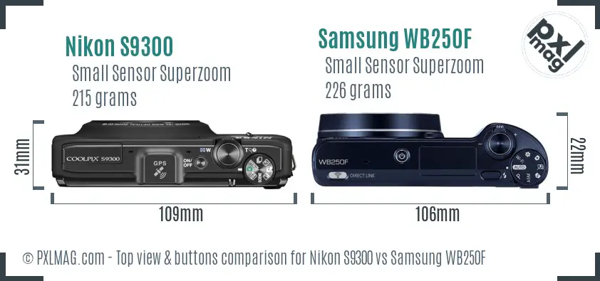 Nikon S9300 vs Samsung WB250F top view buttons comparison