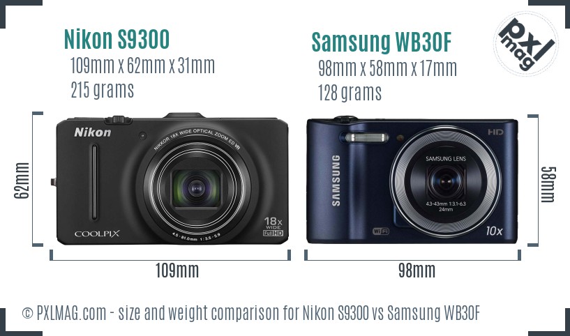 Nikon S9300 vs Samsung WB30F size comparison