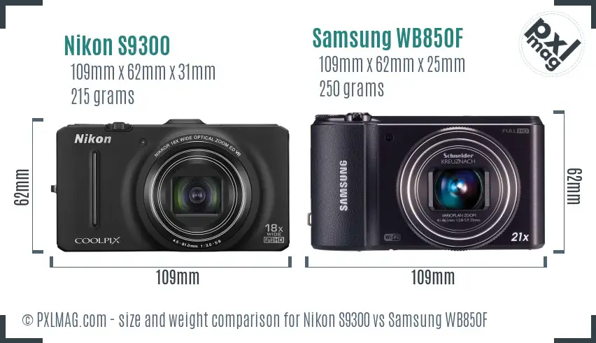 Nikon S9300 vs Samsung WB850F size comparison