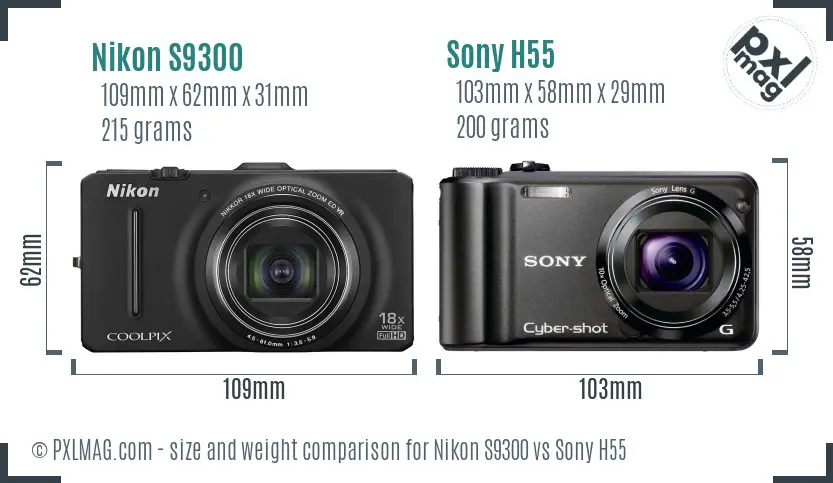 Nikon S9300 vs Sony H55 size comparison