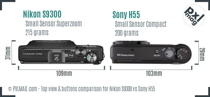 Nikon S9300 vs Sony H55 top view buttons comparison