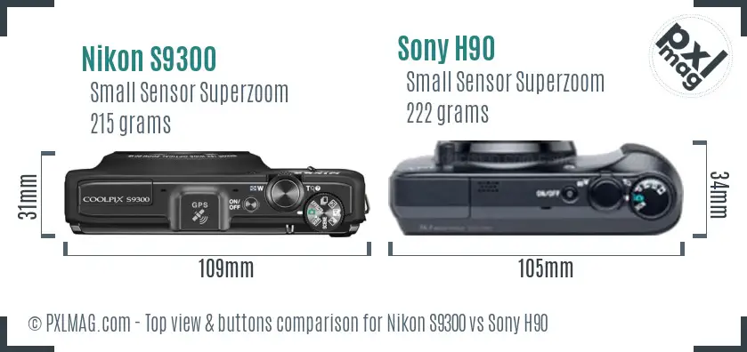 Nikon S9300 vs Sony H90 top view buttons comparison Nikon S9300 vs Sony H90 top view buttons comparison