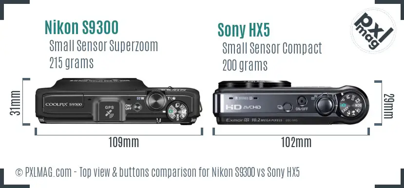 Nikon S9300 vs Sony HX5 top view buttons comparison