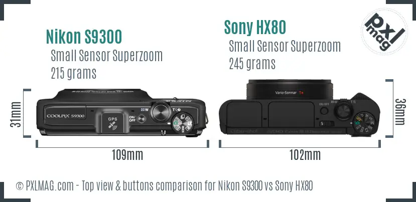 Nikon S9300 vs Sony HX80 top view buttons comparison