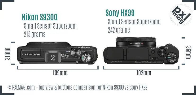 Nikon S9300 vs Sony HX99 top view buttons comparison