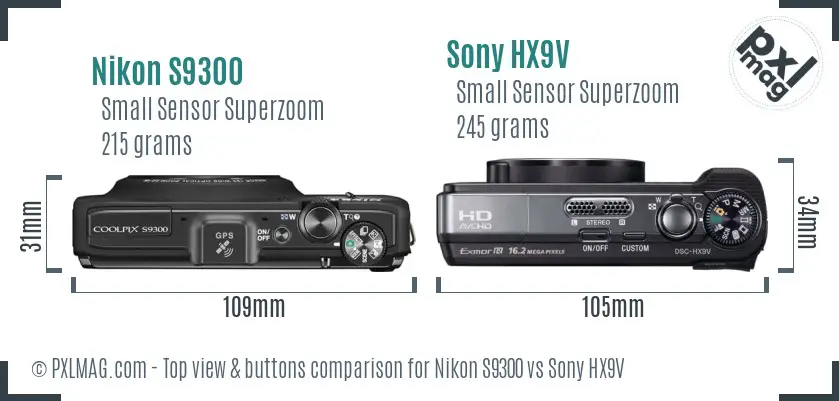 Nikon S9300 vs Sony HX9V top view buttons comparison