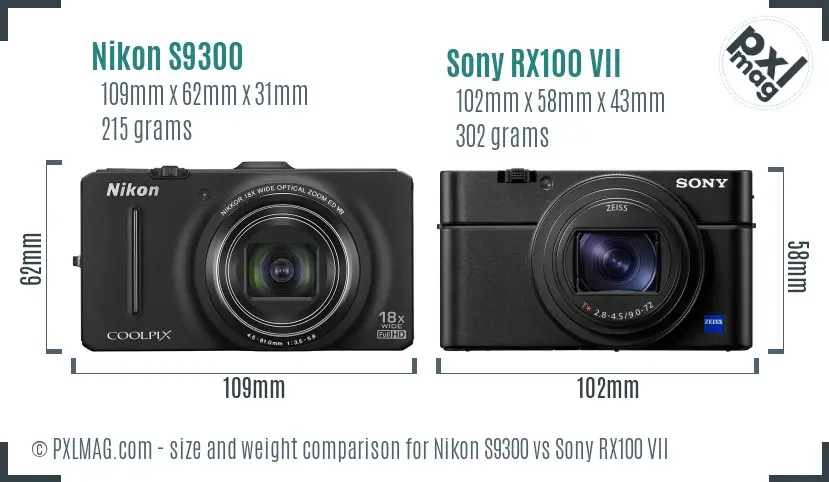 Nikon S9300 vs Sony RX100 VII size comparison