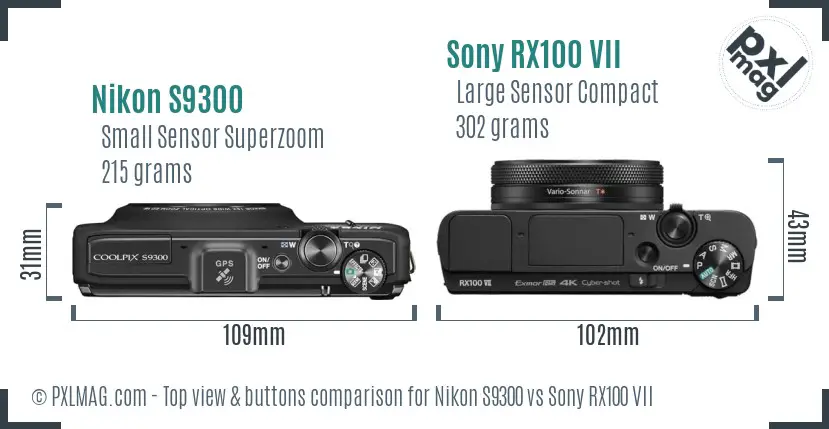 Nikon S9300 vs Sony RX100 VII top view buttons comparison