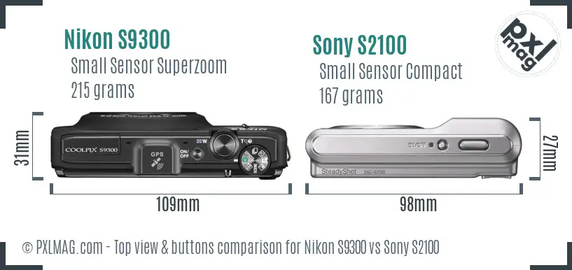 Nikon S9300 vs Sony S2100 top view buttons comparison Nikon S9300 vs Sony S2100 top view buttons comparison