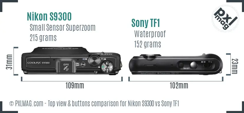 Nikon S9300 vs Sony TF1 top view buttons comparison