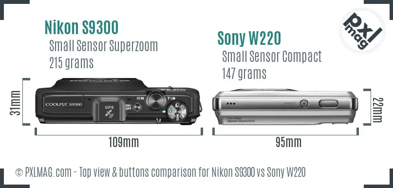Nikon S9300 vs Sony W220 top view buttons comparison Nikon S9300 vs Sony W220 top view buttons comparison