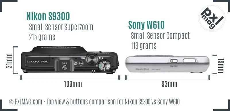 Nikon S9300 vs Sony W610 top view buttons comparison