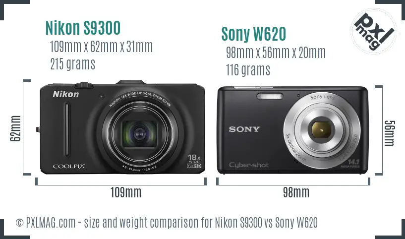 Nikon S9300 vs Sony W620 size comparison