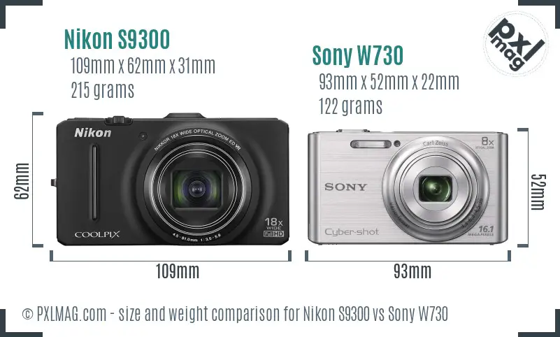 Nikon S9300 vs Sony W730 size comparison