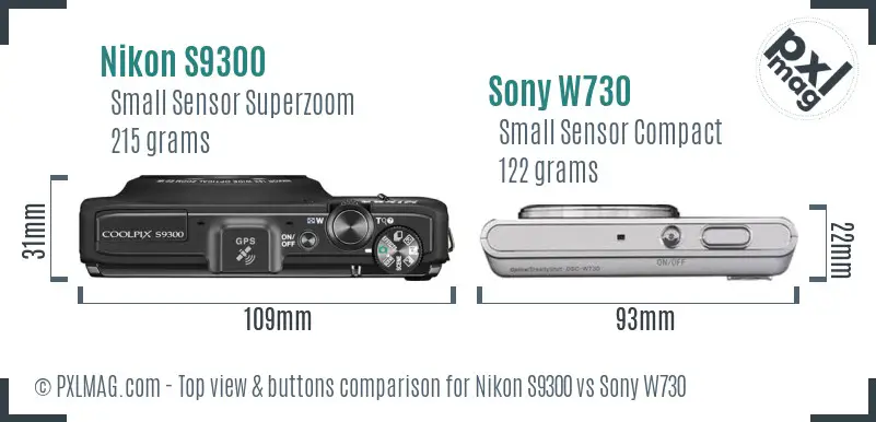 Nikon S9300 vs Sony W730 top view buttons comparison