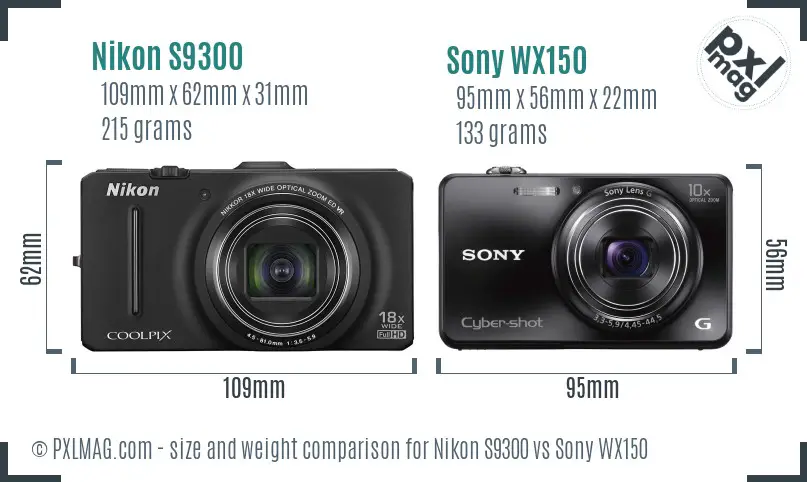 Nikon S9300 vs Sony WX150 size comparison