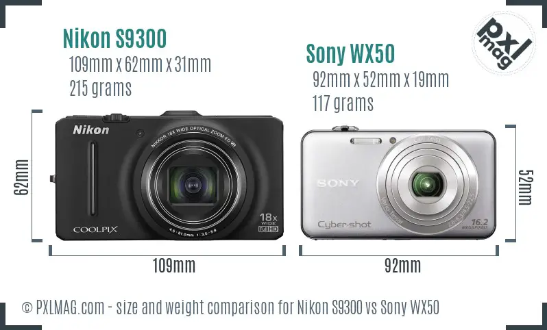 Nikon S9300 vs Sony WX50 size comparison