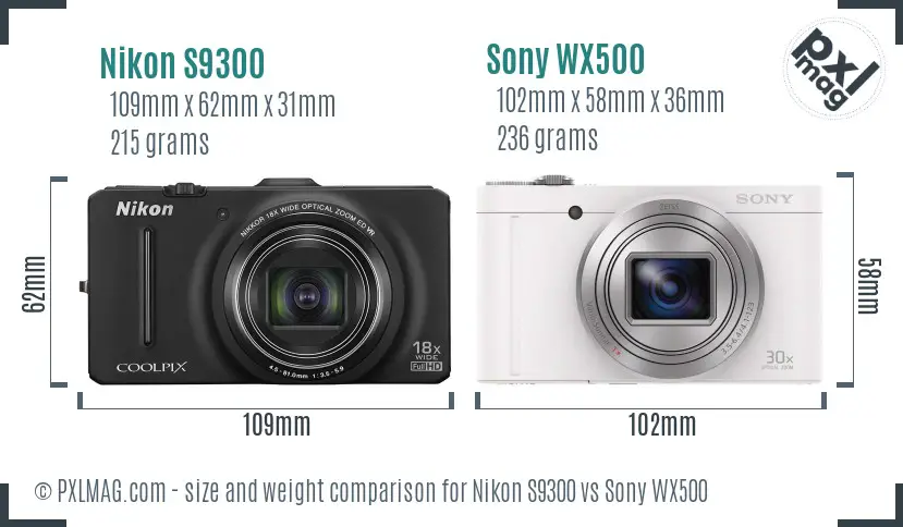 Nikon S9300 vs Sony WX500 size comparison