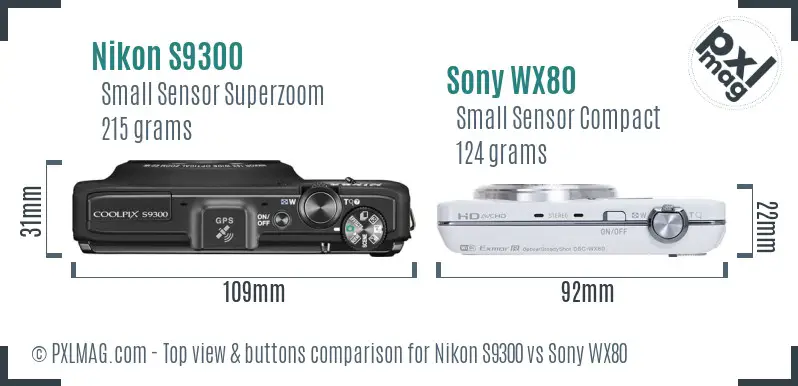 Nikon S9300 vs Sony WX80 top view buttons comparison Nikon S9300 vs Sony WX80 top view buttons comparison