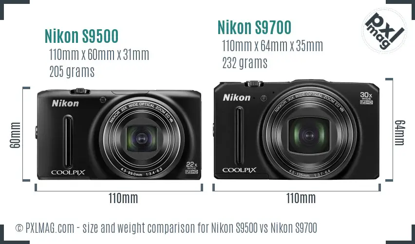 Nikon S9500 vs Nikon S9700 size comparison