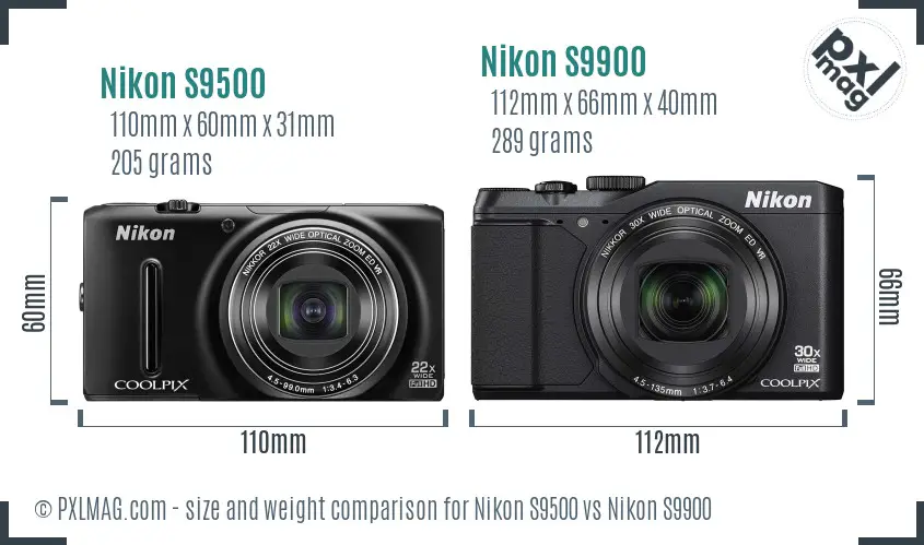 Nikon S9500 vs Nikon S9900 size comparison
