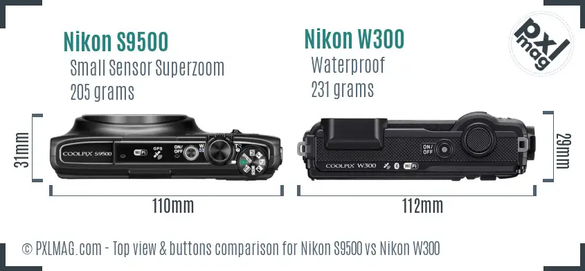 Nikon S9500 vs Nikon W300 top view buttons comparison