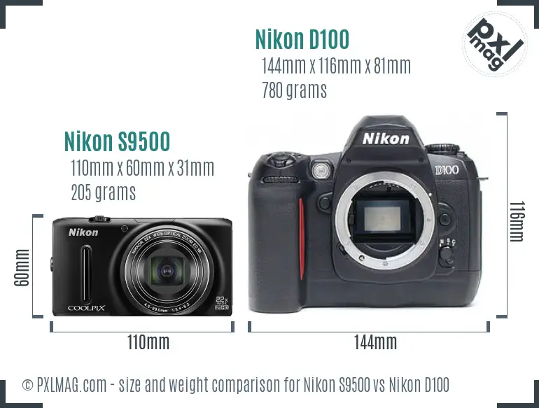Nikon S9500 vs Nikon D100 size comparison Nikon S9500 vs Nikon D100 size comparison