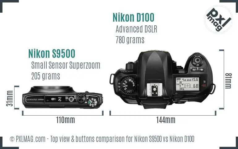 Nikon S9500 vs Nikon D100 top view buttons comparison Nikon S9500 vs Nikon D100 top view buttons comparison