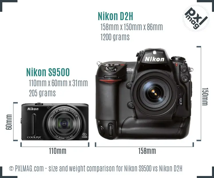 Nikon S9500 vs Nikon D2H size comparison Nikon S9500 vs Nikon D2H size comparison