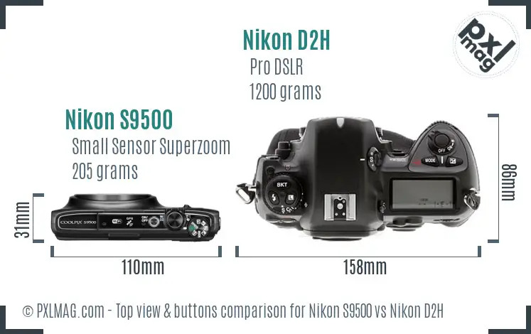 Nikon S9500 vs Nikon D2H top view buttons comparison Nikon S9500 vs Nikon D2H top view buttons comparison