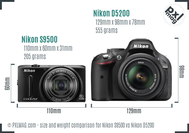 Nikon S9500 vs Nikon D5200 size comparison