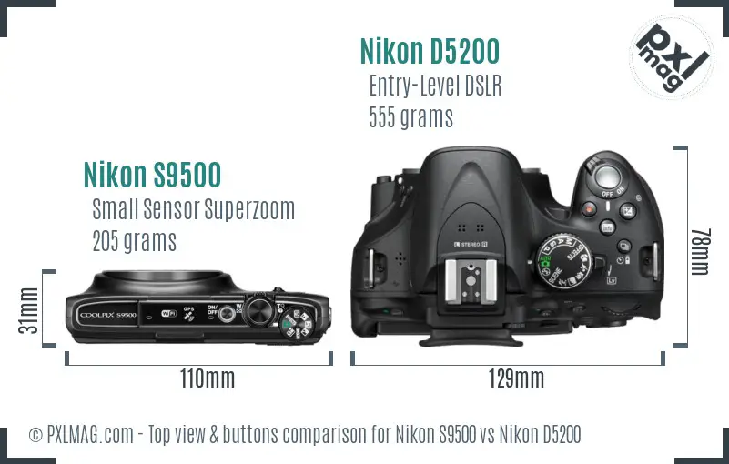 Nikon S9500 vs Nikon D5200 top view buttons comparison