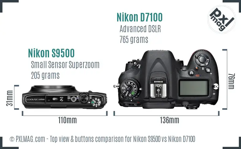 Nikon S9500 vs Nikon D7100 top view buttons comparison Nikon S9500 vs Nikon D7100 top view buttons comparison